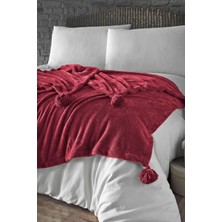 Mediterian Bordo Puffy Wellsoft Püsküllü Yumuşak Battaniye, Antibakteriyel, Peluş, TV uyumlu