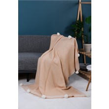 Mediterian Yumuşak Triko Örgülü Battaniye, Ponponlu, 130x170, Dekoratif ve Rahat Kullanım