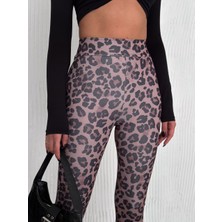 Ozy Fashion Geniş Kemer Leopar Desenli Kadın Kahverengi Tayt LEO0041