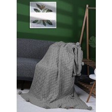 Mediterian Yumuşak triko ponponlu gri battaniye, akrilik, dayanıklı ve şık tasarım