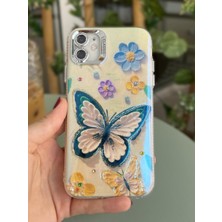 Paladyum Case iPhone 11 Uyumlu Lens Korumalı Simli Kelebekli Çiçekli Kılıf