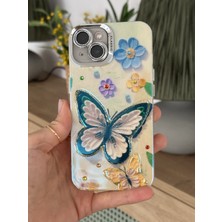 Paladyum Case iPhone 13 Uyumlu Lens Korumalı Simli Kelebekli Çiçekli Kılıf