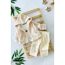 Miniğimin Cicileri Kalp Cep Detaylı Kuzu Hırkalı 3 Lü Kız bebe takım - Krem