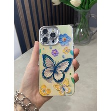 Paladyum Case iPhone 14 Promax Uyumlu Lens Korumalı Simli Kelebekli Çiçekli Kılıf