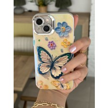 Paladyum Case iPhone 15 Plus Uyumlu Lens Korumalı Simli Kelebekli Çiçekli Kılıf