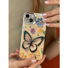 Paladyum Case iPhone 15 Plus Uyumlu Lens Korumalı Simli Kelebekli Çiçekli Kılıf