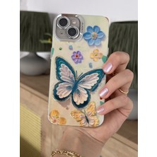 Paladyum Case iPhone 15 Plus Uyumlu Lens Korumalı Simli Kelebekli Çiçekli Kılıf