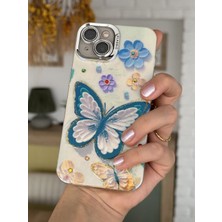 Paladyum Case iPhone 15 Uyumlu Lens Korumalı Simli Kelebekli Çiçekli Kılıf