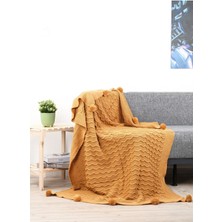 Mediterian Yumuşak triko ponponlu battaniye, 130x170, bacak ve koltuk dekoru, akrilik, sarı