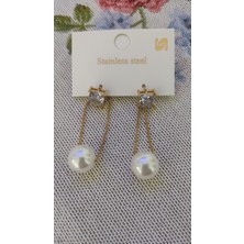 Parespa Kadın Çelik Sallantılı Inci Altın Gold Renk Küpe