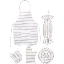 Mediterian Krem gri çizgili 6 Parça Mutfak Seti, önlük, eldiven, tutacak, organizer ve demlematik