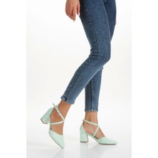 MFT Ayakkabı Kadın Kısa Kalın Topuklu Günlük Ayakkabı Yeşil