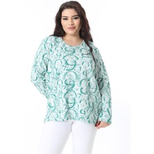 Şans Kadın Büyük Beden Yeşil Bisiklet Yakalı Desenli Bluz 65N38650