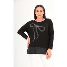 Şans Kadın Büyük Beden Siyah Taş Baskı   Etek Ucu Deri Detaylı Yarasa Kol Bluz 65N38434