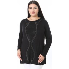 Şans Kadın Büyük Beden Siyah Taş Detaylı Bisiklet Yakalı Uzun Kollu Bluz 65N38365