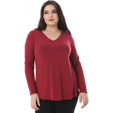 Şans Kadın Büyük Beden Bordo V Yakalı Uzun Kollu Likralı Bluz 65N38652