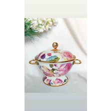Ebruli Emaye Rose Deluxe Vintage Emaye Ayaklı Kapaklı Meyve Çorba Salata Sunumluğu 22 cm Çap 2,5 Litre