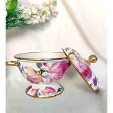 Ebruli Emaye Rose Deluxe Vintage Emaye Ayaklı Kapaklı Meyve Çorba Salata Sunumluğu 22 cm Çap 2,5 Litre