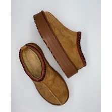 Kadın Ev Botu Süet Camel Nakışlı Kalın Taban