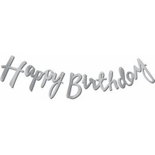 Partici Kaligrafi Banner Gümüş Happy Birthday