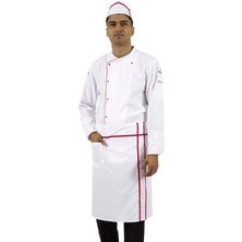 Mediterian Biyeli bel önlük, cepli, alpaka kumaş, 70x58, beyaz-kırmızı, şef ve garsonlar için