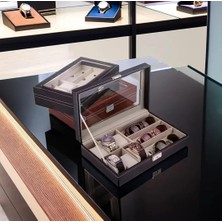 9 Yuvalı (6+3) Lüks Deri Cam Kapaklı Şık Tasarıma Sahip Saat ve Gözlük  Saklama Kutusu (Kilitli)