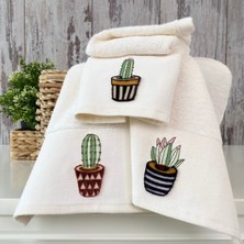 Kaktüs Nakışlı Mutfak Havlusu %70 Bambu / %30 Pamuk - Krem 3'lü Set 30X50