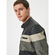 Koton Suni Deri Ceket Renk Bloklu  Dik Yaka Fermuarlı Cepli Slim Fit
