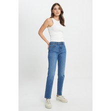 Straight Fit Düz Kesim Yüksek Bel Düz Paça Mavi Jean Kot Pantolon