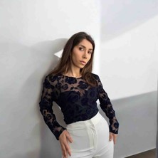 Moda Yiğit Lacivert Transparan Tül Kadifeli Bluz