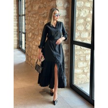 Civarda Moda Uzun Kollu Eteği Fırfırlı Beli Kuşaklı Trikoton Tam Boy Gömlek Elbise
