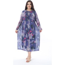 Kadın Büyük Beden Renkli Belden Büzgülü Astarlı Tül Elbise 65N38577