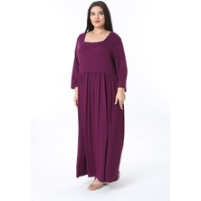 Kadın Büyük Beden Mürdüm Rahat Kesim Kare Yakalı Belden Büzgülü Kspri Kollu Elbise 65N38490