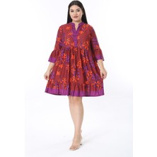 Kadın Büyük Beden Mor Ön Patı Düğmeli Volan Kollu Etek Ucu Katlı Elbise 65N38471