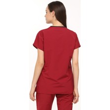 Medinila Thin Flex V Yaka Bordo Likralı Terikoton Tek Üst -Kadın Hemşire Forması
