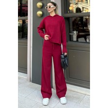 Bordo Kapüşonlu Triko Kadın Eşofman Takımı MG2237