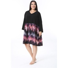 Kadın Büyük Beden Siyah Rahat Kesim Eteği Desenli Kapri Kollu Elbise 65N38488