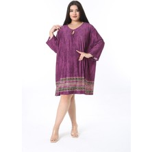 Kadın Büyük Beden Mürdüm Öpücük Yakalı Kapri Kollu Tunik Elbise 65N38350