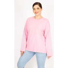 Kadın Bej Büyük Beden Kol Baskılı Sweatshirt