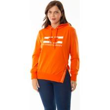 Kadın Büyük Beden Oranj Taş ve Baskı Detaylı Kapşonlu Yan Yırtmaçlı Sweatshirt 65N36867