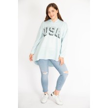 Kadın Bebe Mavisi Büyük Beden Payet Detaylı Kapşonlu Arkası Uzun Sweatshirt