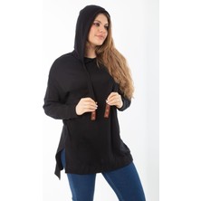 Kadın Büyük Beden Siyah Arkası Uzun Yan Yırtmaçlı Kapşonlu Sweatshirt 65N37310