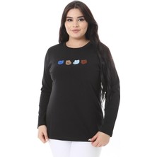 Kadın Büyük Beden Siyah Nakış Detaylı Sweatshirt 65N38630