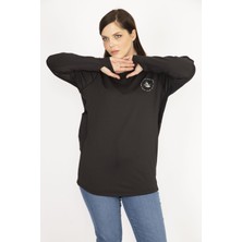 Kadın Siyah Büyük Beden Ön Pat Fermuarlı Sweatshirt