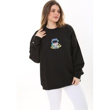 Kadın Büyük Beden Siyah Pamuk Kumaş Nakışlı Sweatshirt 65N37617