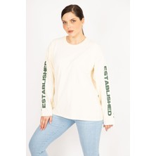 Kadın Bej Büyük Beden Kol Baskılı Sweatshirt