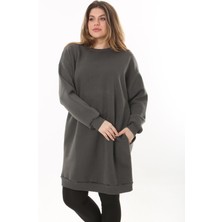 Kadın Büyük Beden Füme Içi Şardonlu 3 Iplik Yan Cepli Uzun Sweatshirt 65N37494