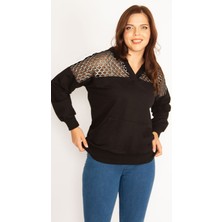 Kadın Siyah Robası Lak Fileli Kapşonlu Sweatshirt 65N34747