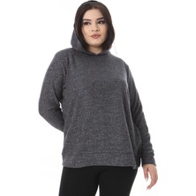 Kadın Büyük Beden Antrasit Yün Viskon Kumaş Kapşonlu Sweatshirt 65N38520