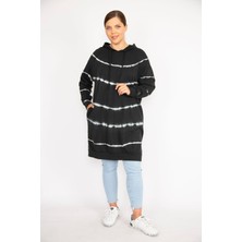 Kadın Büyük Beden Siyah Batik Desenli Kapşonlu Uzun Sweatshirt